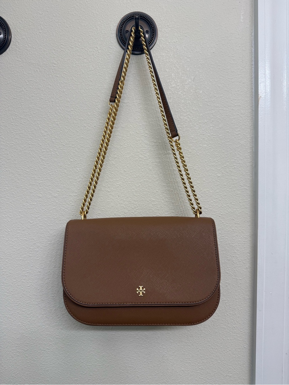 Tory Burch Emerson Brown Leather Chain Shoulder Bag with Gold Hardware
